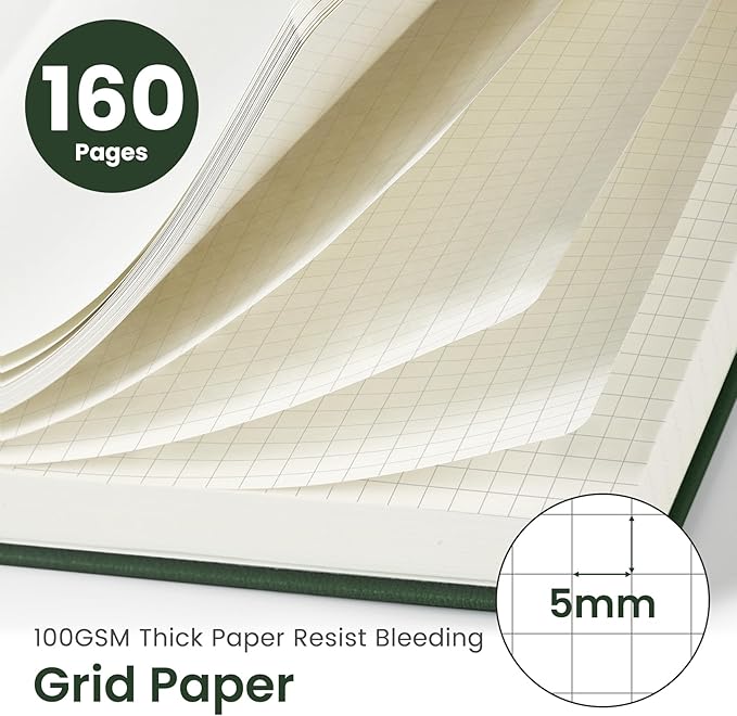 Taja Graph Journal Notebook for Women & Men, Hardcover Leather Journal for Writing, A5 Graph Paper Notebook for Planning & Tracking, Perfect for Office School Home Supplies, Dark Green