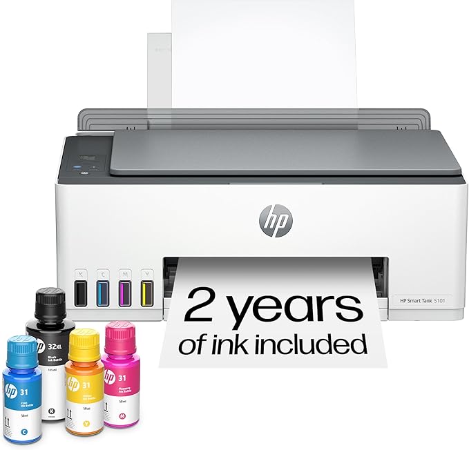 HP Smart Tank 5101 Wireless All-in-One Refillable Printer, Scanner, Copier with 2 years of Ink included, Wireless printer-for-home use an EcoTank Alternative (1F3Y0A)