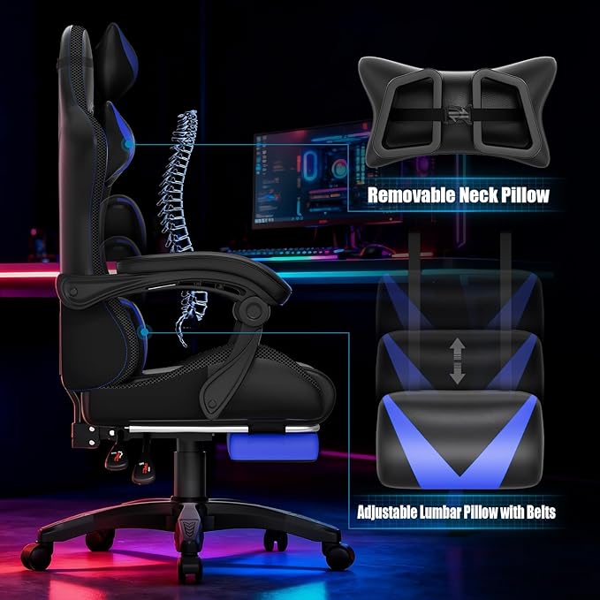 Gaming Chair, RGB LED Lights Computer Chair with Footrest, Lumbar Support Massager Gamer Chair, High Back, 90-135° Reclining, Linkage Armrests, Blue