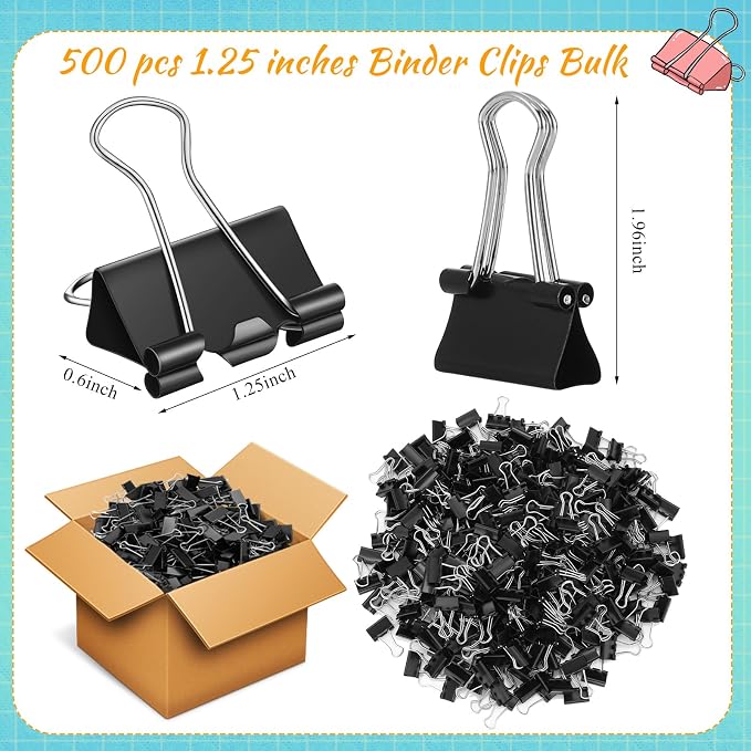 Jetec 500 Pcs Black 1.25 Inch Binder Clip Paper Clamp Metal Paper Clip | for Teachers Students Classroom Business Office and School Office Supplies