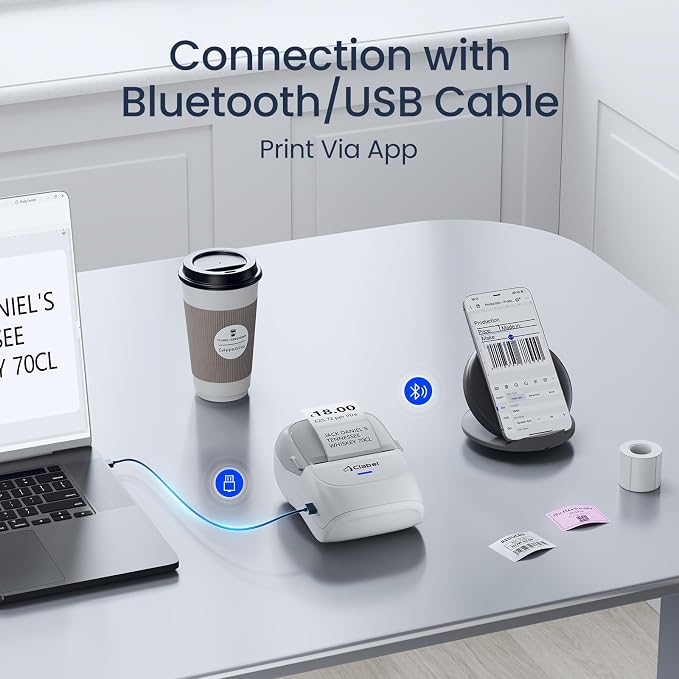 CLABEL Thermal Label Maker Machine 221B Mini Portable Label Printer Thermal Labeling Printing Machine Sticker Bluetooth Label Printer Barcode Inkless Labelmaker for Price Logo Clothing (Gray White)
