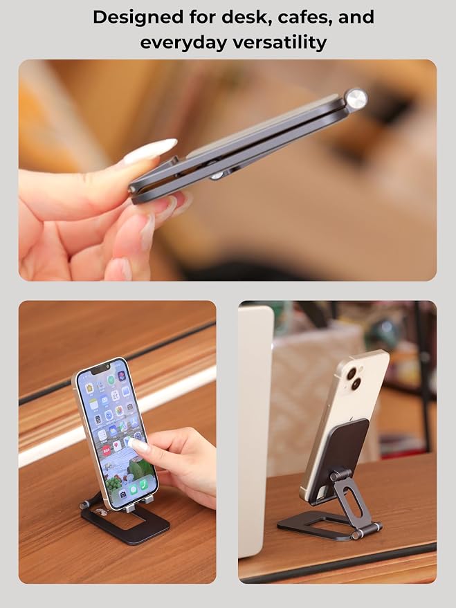 Adjustable Foldable Phone Stand for Desk, Premium Aluminum Cell Phone Holder, Portable Multi-Angle Desktop Stand Compatible with iPhone, Galaxy, iPad, Tablets & All Smartphones