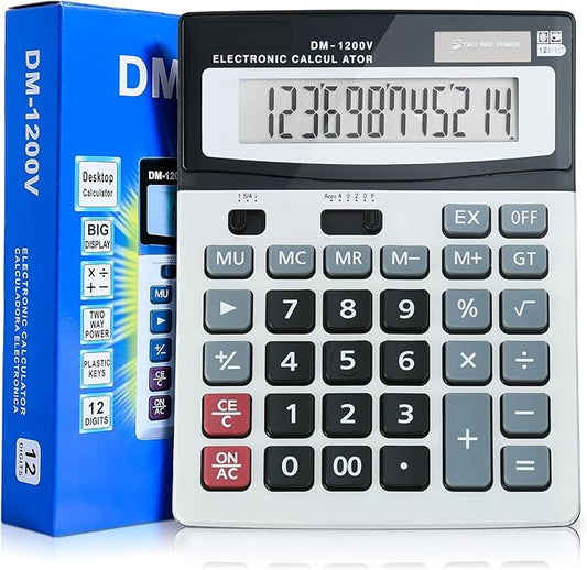 12-Digit Desktop Calculator with Large Screen and Big Buttons, Solar/Battery Dual Power for Office, Home, School and Business Use