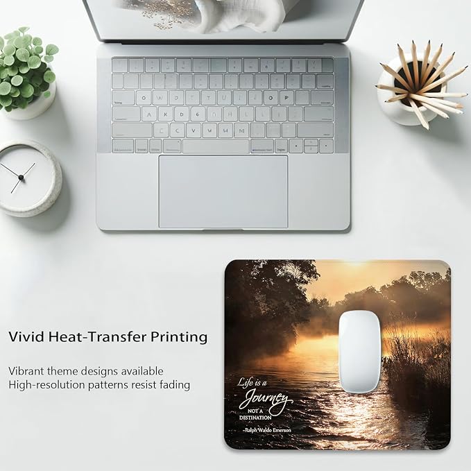 Misty River at Sunrise Mouse Pad, Inspirational Quote About Life Desk Mat | Life is a Journey not a Destination Motivational, Cute Mousepad Stitched, Anti-Slip Base Smooth Surface, 9.5 x 7.9 Inches