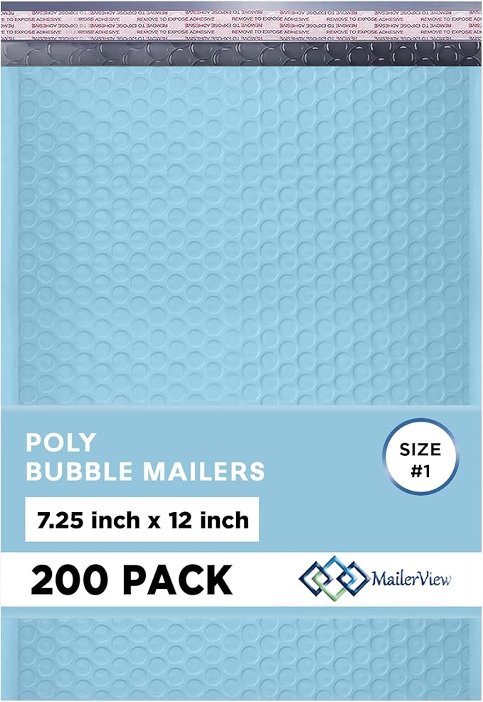 Light Blue Bubble Mailers 7.25x12 Poly Padded Envelopes #1 200 Pack | Fits Comics, Photos & Cards, Self-Seal Closure, Cushioned Protection, Water-Resistant Poly, Bulk Pack