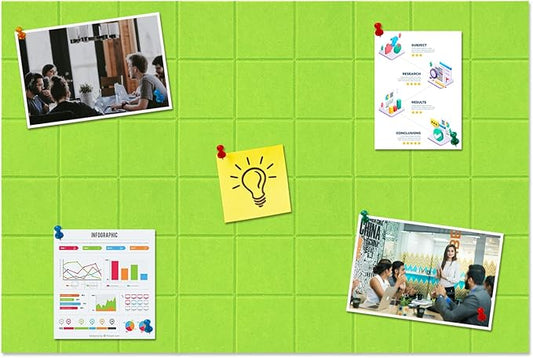 Large Square Felt Cork Board Tiles, Self Adhesive DIY Felt Bulletin Board with 35 Pushpins for Office School Home Wall Decor Stickers Memos (Bright Green)