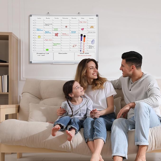 Weekly Calendar Dry Erase Board for Wall, Hanging 24"×18" Double-Sided Magnetic Whiteboard with Hourly Slots, for Planning, Memo, to Do List, Home, Office, Kitchen
