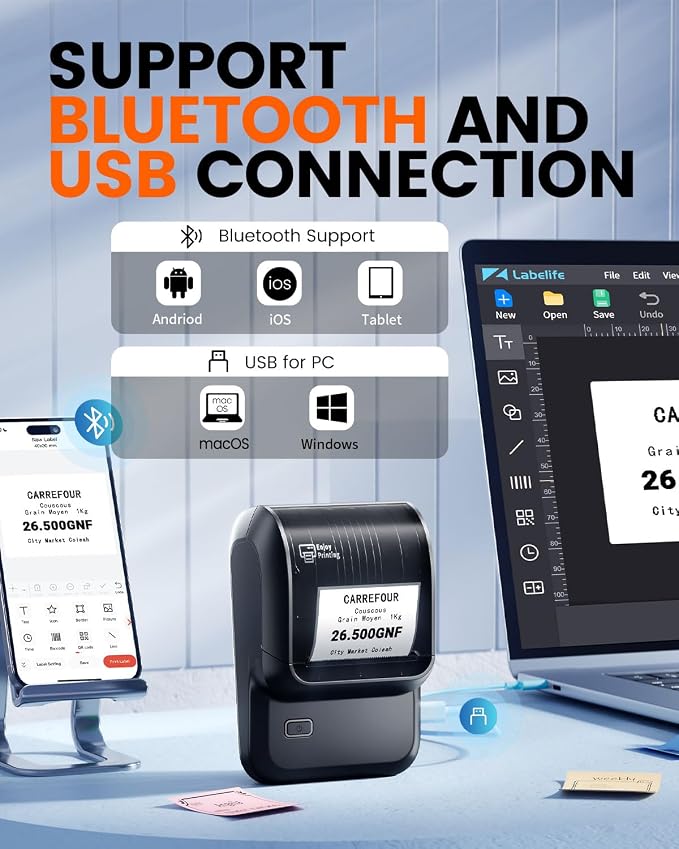 Pone Label Maker with Tape, Bluetooth Label Printer with 6000+ Templates | Portable 2 Inch Barcode Thermal Sticker Printer Easy to Use for Small Business, Home, School, Safety Label Makers,Black