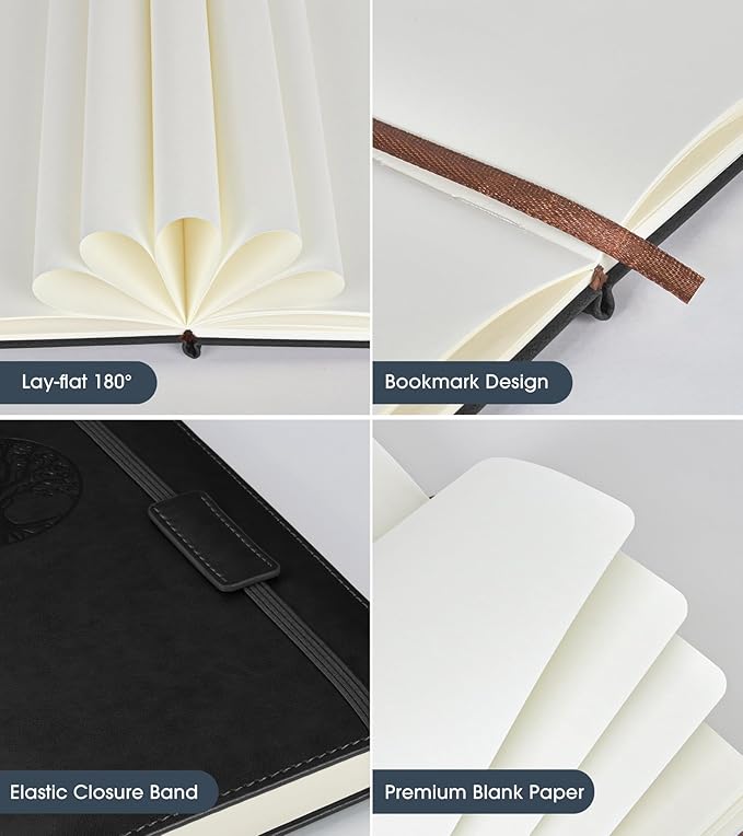 Blank Journal Notebook for Women Men, Hardcover Leather Sketchbook 5.7"×8.3", 140 Pages Unlined Sketch book for Drawing, Writing, Travel, School & Work, Journaling Notebooks (Black)