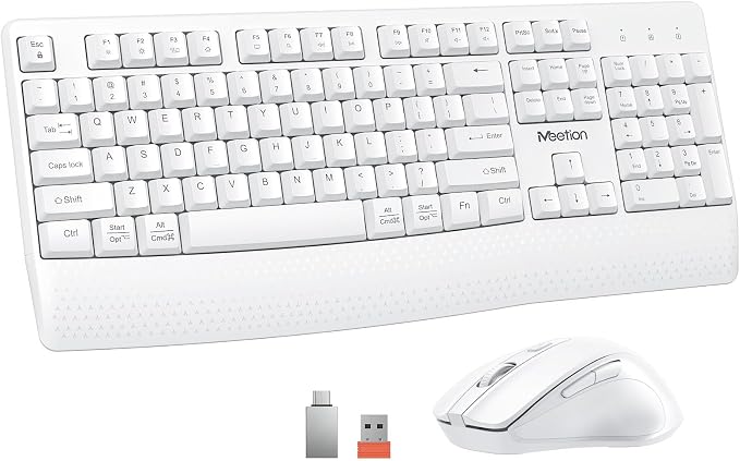 MEETION White Wireless Keyboard and Mouse Combo, Full-Size with Wrist Rest | 2.4GHz USB receiver, 3 adjustable DPI mouse, comfortable typing, compatible with Windows, Mac, PCs and laptops