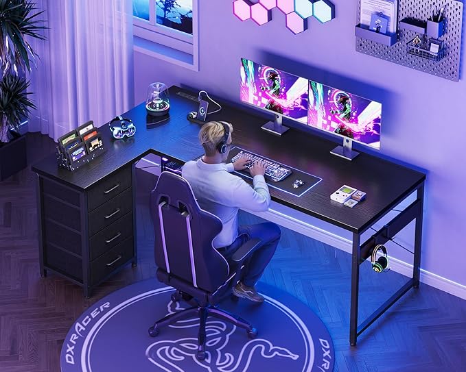 AODK L Shaped Gaming Desk with 4 Drawers, 61" Reversible Home Office Desks with Power Outlets, L Shaped Computer Desk with USB Charging Port and Host Stand, Corner Desk, Easy to Assemble, Black