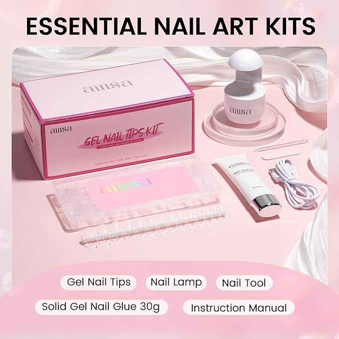 AILLSA Nail Tips with Glue Kit Medium Almond Nail Tips 120pcs, Solid Gel Nail Glue 30g for Acrylic Nail Kit, Full Cover Portable Mini U V Nail Lamp for Women Beginners