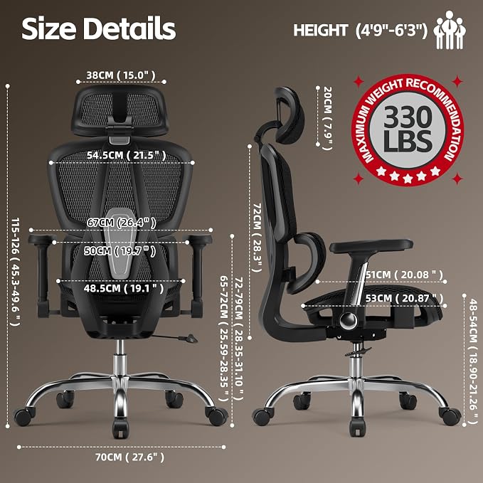 Mesh Office Chair, Ergonomic Office Chair, Home Office Desk Chairs with Headrest, 90-135° Tilt Lock and Breathable Backrest & Lumbar Support, 5D Armrest, Computer Chairs (Large Chair)