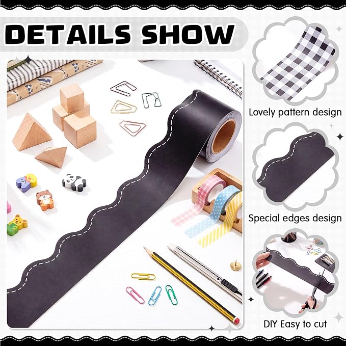 2 Rolls 65.6ft Black Gingham Bulletin Board Borders Decoration Black Checkered and Straight Edge Bulletin Borders Board Trim for Office School Classroom Chalkboard Party Decoration