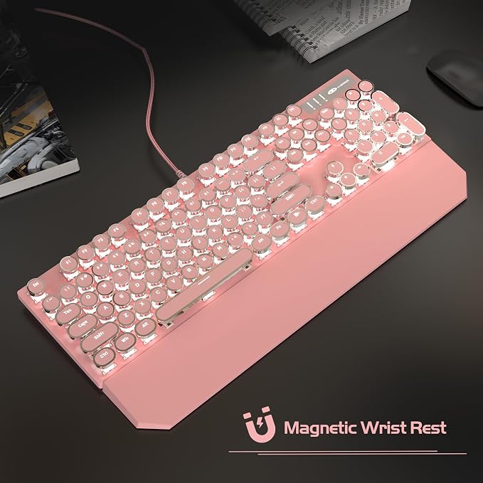 MageGee Typewriter Mechanical Gaming Keyboard, Retro Punk Pink Round Keycaps, 104 Keys LED White Backlit Wired Keyboards for Laptop MAC PC Gamer, with Magnetic Wrist Rest, Blue Switch