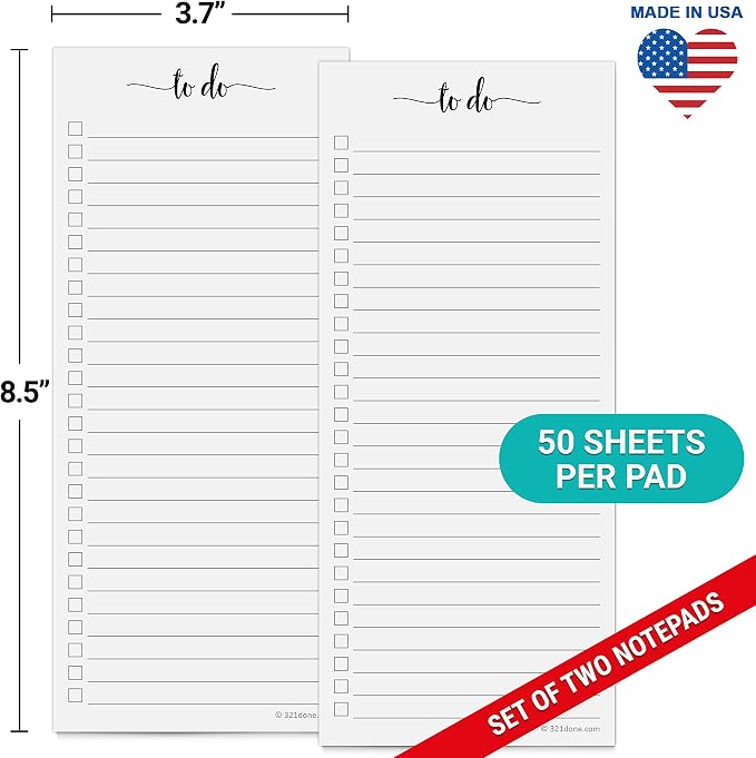 321Done To Do List Notepad, Skinny 3.7x8.5, 2-Pack, 50 Each, Wide Ruled | Made in USA - Slim Wide Ruled Checklist Pads for Tasks, Errands and Groceries, Thick Bright White Paper, Tear-Off Sheets