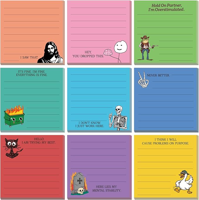 9 Pads Funny Sticky Notes, 3x3 Inch Cute Stick Notepads | Adhesive Memo Notes Pad, Coworker Gifts, Office Supplies Decor, Desk Accessories for Students, Teacher, Meeting