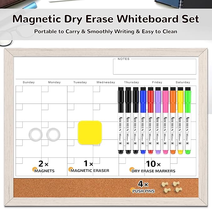 White Board Calendar Dry Erase Board for Wall, Magnetic WhiteBoard, 17"x13" | Hanging Board, White Wood Frame White Board and Cork Board Combo, Calendar Bulletin Board for Kitchen Planner Memo Office