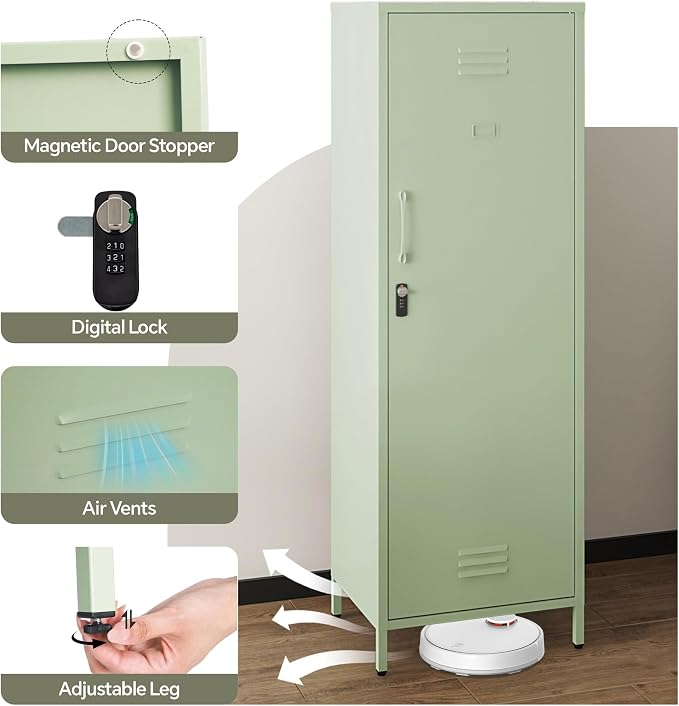 Metal Locker Storage Cabinet with Adjustable Shelves, 59" H Green Locking Tool File Cabinets Kids Snack Locker Organizer for School Classroom,Gym Home Office,Entryway and Hallway