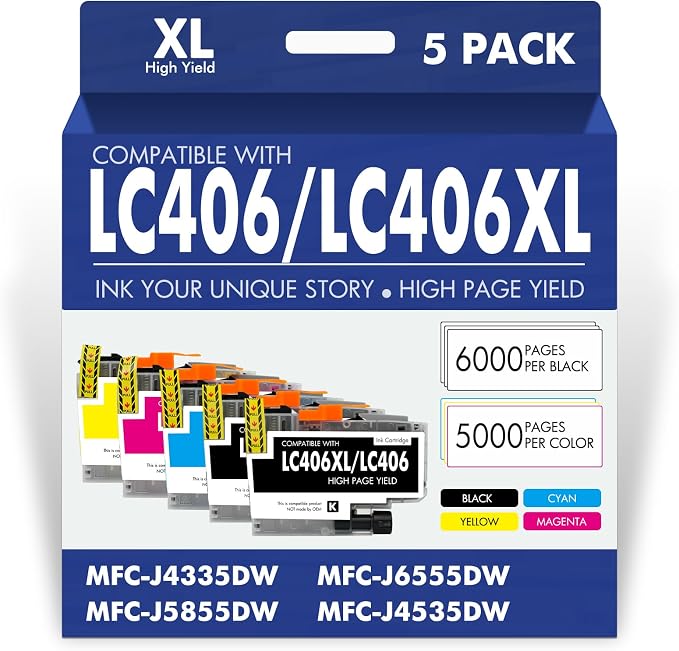 LC406XL LC406 Ink Cartridges for Brother Printer MFC-J4335DW MFC-J5855DW | Compatible for LC 406 XL for Brother MFC-J6555DW MFC-J4535DW MFC-J6955DW MFC-J4345DW MFC-J5955DW HL-JF1 5 Pack-2BKCMY