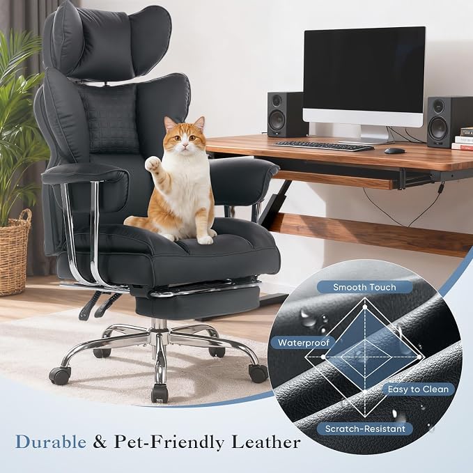 DUMOS Big and Tall Home Office Desk Chair, Executive Chair with Footrest | Ergonomic Reclining, Scratch-Resistant PU Leather, Pocket Spring Support, 400 LBS Weight Capacity, Black