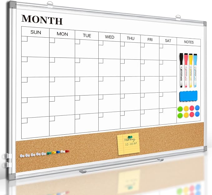 Monthly Dry Erase Calendar Whiteboard with Corkboard, 30" x 20", Silver | Magnetic, White Board Cork Board Combo, Double Sided, Wall Mounted, Aluminum Frame, for Home, Office, Kitchen, Dorm