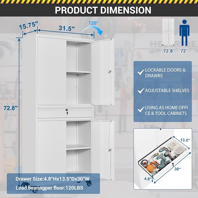 Fesbos 73" Metal Cabinet-White Heavy Duty Rolling Storage Cabinet Steel Tool Cabinets with Wheels, Shelves, Lockable Doors and Drawers- for Garage, Pantry, Warehouse Home Office- Assembly Required