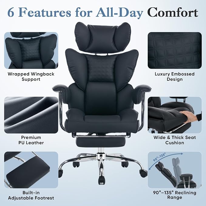 DUMOS Big and Tall Home Office Desk Chair, Executive Chair with Footrest | Ergonomic Reclining, Scratch-Resistant PU Leather, Pocket Spring Support, 400 LBS Weight Capacity, Black