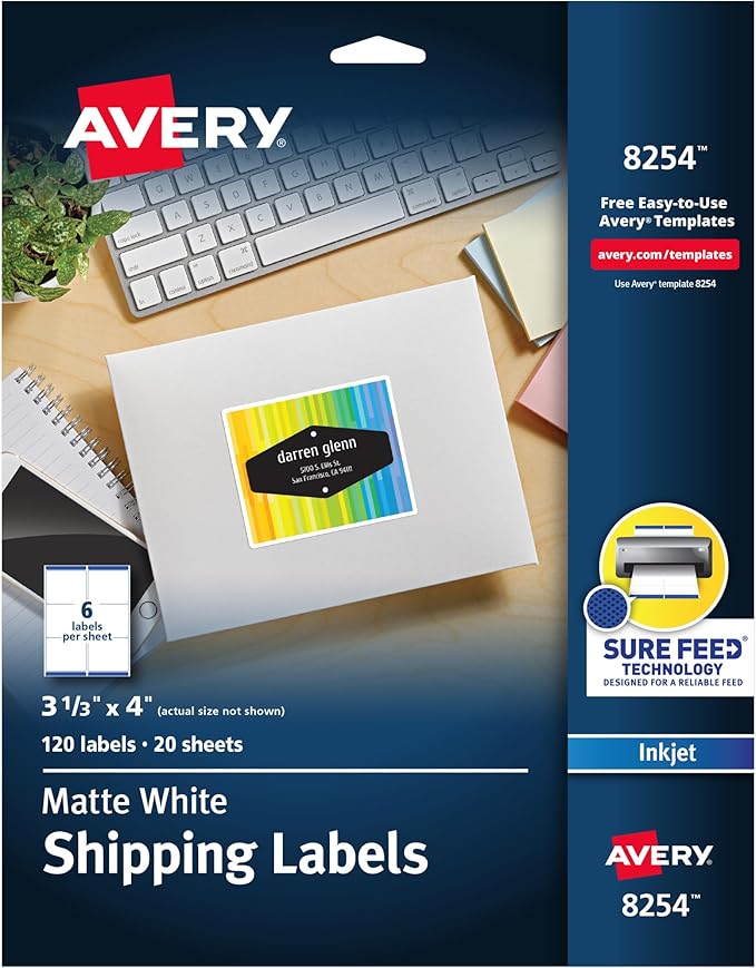 Avery Printable Shipping Labels, 3-1/3" x 4", Matte White, Sure Feed Technology, Inkjet Printer Compatible, 120 Blank Labels, Great for Mailing, Branding, School Supplies, and More (8254)