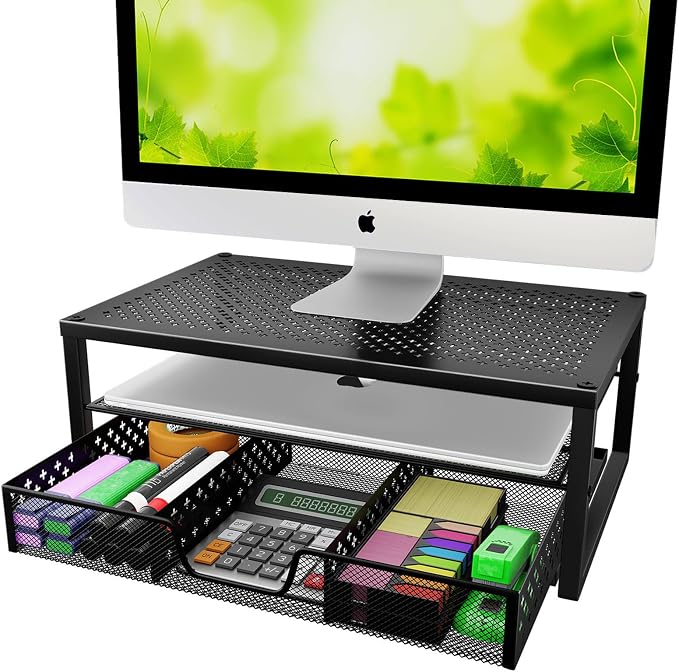 Simple Trending Metal Monitor Stand Riser and Computer Desk Organizer with Drawer for Laptop, Computer, iMac, Black | 16"W x 10"D x 6.25"H. Sturdy Metal Frame. 2-tier + drawer. Holds 66 lbs. Anti-slip. Fits laptop, monitor, iMac. Easy assembly