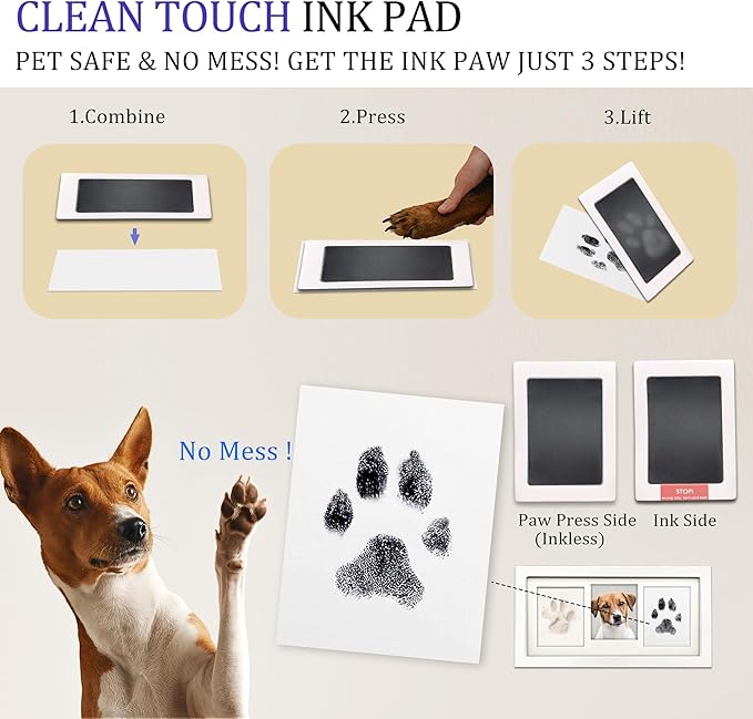 MYPAWLETS Extra Large Paw Print Frame Kit,Dog/Cat Paw Print Kit,Soft Pawprint Clay&Clean Touch Ink Pad,Pet Paw Print Impression Kit with Customization Tool,Wooden Pet Memorial Frame-White