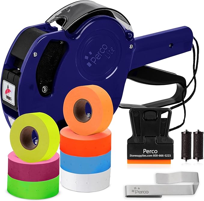 Perco Lite 1 Line Price Gun with Labels Kit - Includes 1 White Roll, 6 Multicolored Rolls, 2 Ink Rollers, 1 Ink roll and Labels Pre-Loaded
