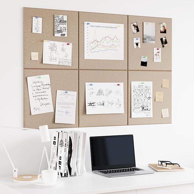 Large Cork Board for Wall, 36" x 24" Bulletin Board with Pushpins, 6 Panels Felt Tiles Tack Push Pin Board for Office, Tan