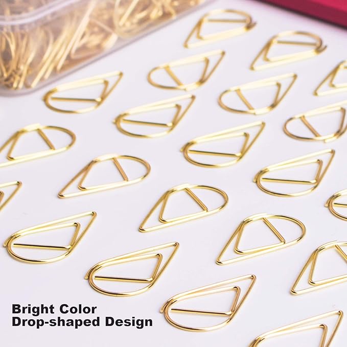 100 Pieces Gold Cute Paper Clips Medium, VENCINK Smooth Stainless Steel Tear Drop-Shaped Wire Paperclips for Office Supplies Wedding Women Girls Kids Students Paper Work