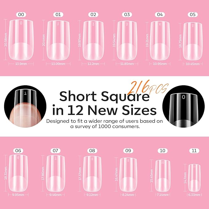 modelones X Nail Gel Kit Kit Short Square, 9-in-One Nail Glue with Portable U V Lamp 216Pcs 12Sizes Pre-Etched Press ons Fake Acrylic Extension Kit DIY Salon Gift for Women
