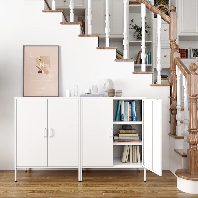 Washsemba Metal Storage Cabinet with Doors and Shelves,Multipurpose Storage Rack, 3-Tier Shelf,Metal Locker Style Accent Cabinet for Home Office,Living Room,Kitchen(White, 40''H)
