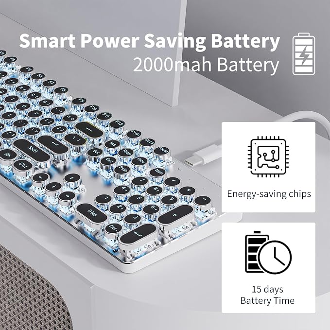 EWEADN TK950 Typewriter Keyboard Wireless Mechanical Keyboard, 104 Keys Aesthetic Typewriter Keyboards with Blue Backlit, Anti-Ghosting, Blue Switch Bluetooth/2.4GHz/Wired Cute keyboards-Black