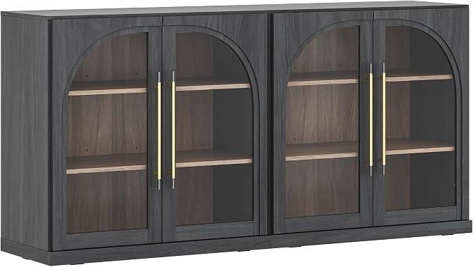 BELLEZE 3 Tier Bookshelf with Arched Glass Door, Set of 2 Modern Display Bookcase Shelf with Storage and Adjustable Shelves, Wood Bookshelves for Living Room Office Entryway (Ebony)