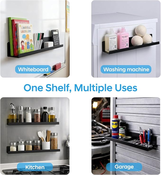2 Pack 17" Metal Magnetic Bookshelf for Whiteboard, Strong Reusable Magnetic Display Shelf, Holds up to 12 lbs, Storage Organizer for Classroom, Kids Room, Office, Kitchen & Garage