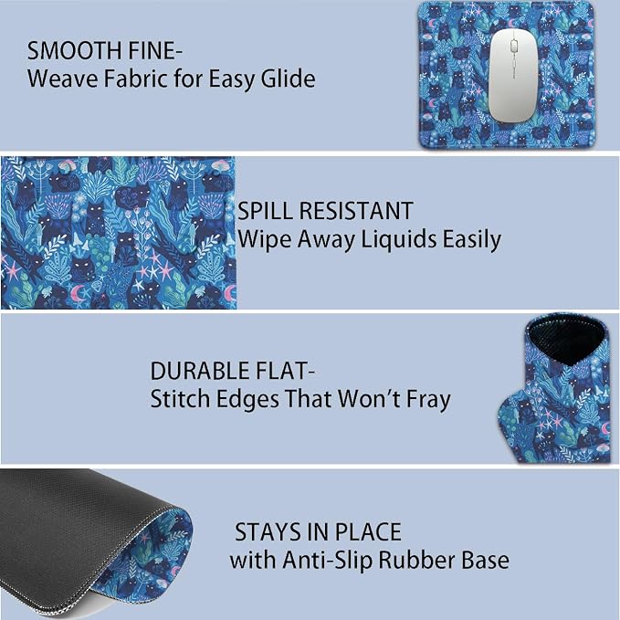 Mouse Pad for Desk with Stitched Edge, Premium Cute Washable Mouse Pads. Computer Mousepad with Non-Slip Rubber Base, Mousepads for Laptop, 9.25x7.75x0.12 inch (Starry Cats)