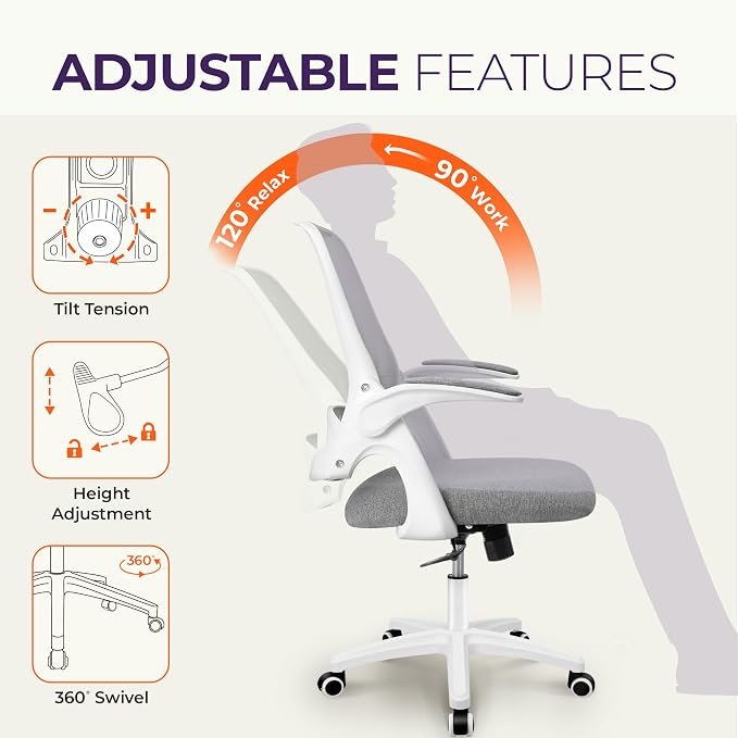 NEO CHAIR Office Desk Chair, Ergonomic Mesh with Flip-Up Armrests, Grey | Lumbar Support, Height Adjustment, 360° Swivel and Rolling Base, Space-Saving Design for Home Office, Vanity or Study