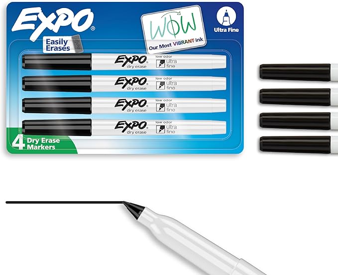 EXPO Dry Erase Markers, Low Odor Ink, Black, Ultra Fine Tip, 4 Count