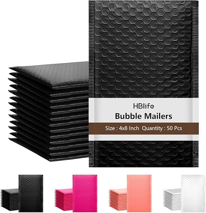 HBlife 50Pcs Black Bubble Mailers, 4x8 Inches Self Seal Black Poly Mailers, Padded Envelopes Shipping Bags Packaging for Small Business