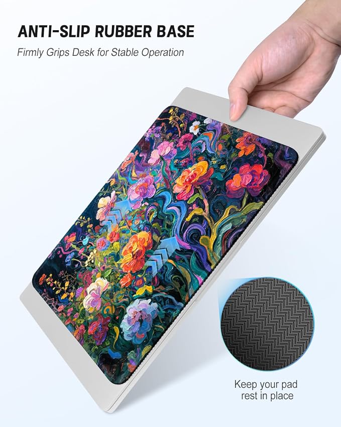 Mouse Pad, Cute Mouse Mat, 10" x 8", Colorful Oil Painting Flower | Square Waterproof Gaming Computer Mat, Textured Top, Stitched Edges, Non-Slip Rubber Base for Office Home Laptop Keyboard