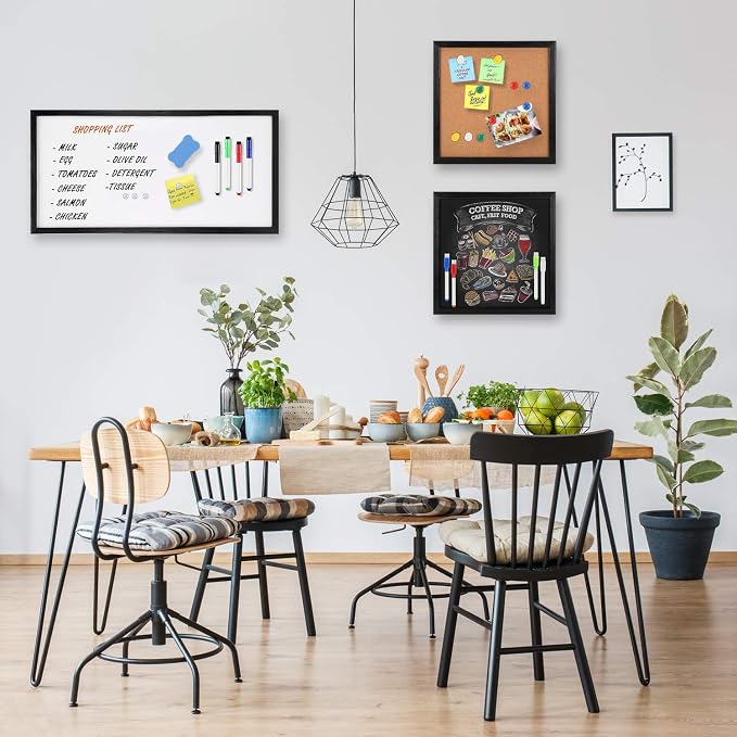 3 in 1 Combination Board 3 Pack, Natural Black Wood Frame, 12"x12", 24"x12" | Freely Mountable Set Includes Dry Erase Whiteboard, Chalkboard & Cork Bulletin Board for Home & Office