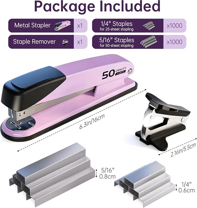 Metal Stapler Heavy Duty for Desk - 50 Sheet Capacity with 2000 Pieces 1/4", 5/16" Staples and Staple Remover, No Jam, Non-Slip, Stapler Heavy Duty for Classroom and Office, Pink