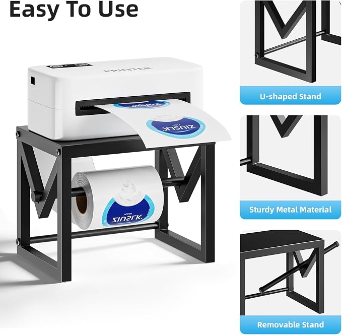 Marbrasse Label Holder for Rolls and Fanfold Labels, Black | Metal Label Printer Holder, Shipping Label Stand Thermal Printer, for Home, Office, Small Business