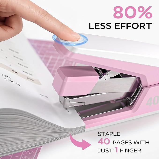 Marsrock Heavy Duty Stapler for Desk with 40-50 Sheet, 2000 Staples, Pink | Classroom Stapler, Teacher Stapler, Office Stapler, Ergonomic & Easy to Load Desktop Stapler, Magnetic Staple Remover