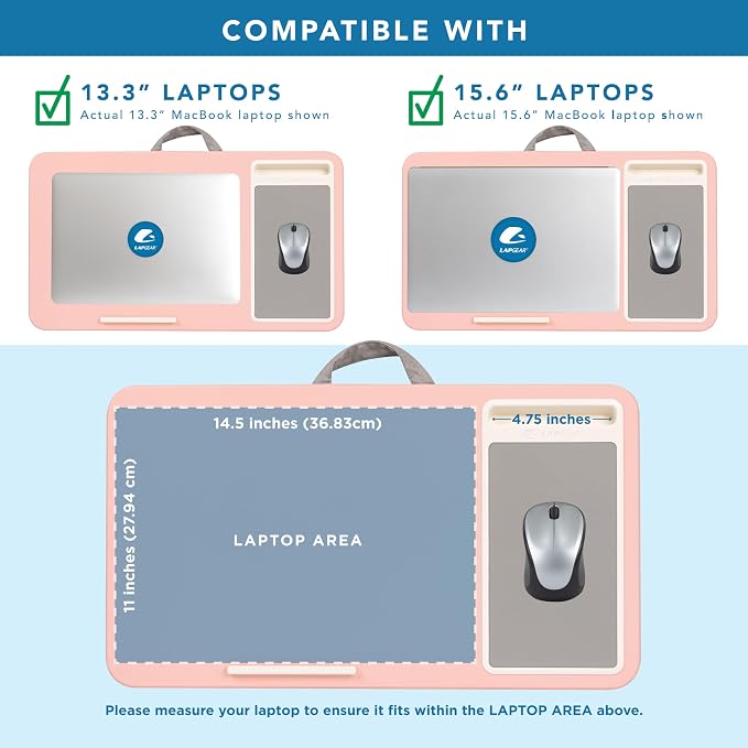 LAPGEAR Home Office Lap Desk – Pink, Fits 15.6” Laptops | Built-In Mouse Pad & Phone Slot, Integrated Device Ledge, Dual-Bolster Microbead Cushion, Carry Handle