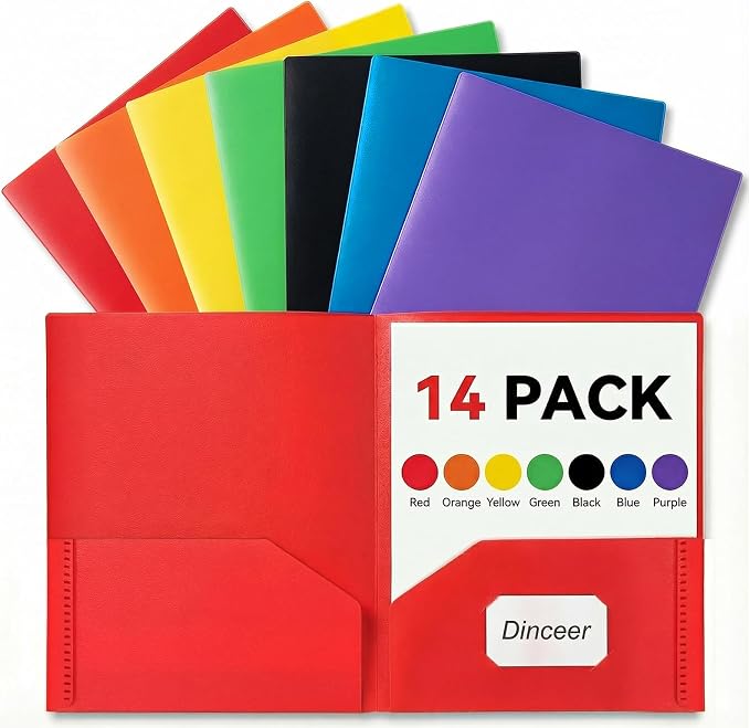 14 Pack Heavy Duty Plastic 2 Pocket Folders, No Prongs, Letter Size Dinceer | Durable Heavy Duty File Folders with Business Card Slot, 2-Pocket Folder for Schoolwork & Office,Back to School Supplies